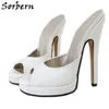 Sorbern 16cm Branco Mulheres Brilhantes Sandálias Open Top Toe Slip On Plataforma Sapatos de Verão Genuíno Slipper Mules Sissy Sapato