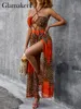 Glamaker orange imprimé léopard licou dos nu vacances robes de plage Sexy sans manches à lacets haute fente maxi dres robes 220509