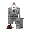 3 PieceJacket Vest Pant Nevy Blue Men passar skräddare Bröllop Male Slim Fit Plaid Business Tuxedo340J