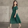 Girl's Dresses Summer Girl Dress Elegant Dark Green Floral 2022 Chiffon Children Clothing Cute Mid Long Ruched Kids 4-14 YearGirl's