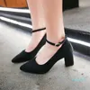 Dress Shoes Comfort Thick High Heels Ladies Work Flock Ankle Buckle Shallow Women Pumps Pointed Toe Pink Red Wedding Woman