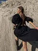 Clacive Women Summer Short Sleeve Black Dress Elegant Loose High Waist Midi es Sexy Hollow Out Backless Female 220704