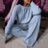 Conjunto de suéter vintage con pantalones de dos piezas para mujer, cintura elástica, acanalado, largo hasta el suelo, con capucha, chándal suelto