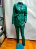 Women's Two Piece Pants Vintage Fashion PU Leather Tracksuit Large Size Lace Up 2 Outfits Dark Green Faux Jacket Suit Sweatsuit