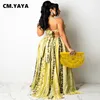 CM.YAYA Women Long Dress Print Mouwess Bandage Halter Hollow Out Splited A-Line Maxi Dresses Fashion Vestidos Summer Outfits 220516