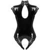 One-stycke passar kvinnor ￖppna br￶st Crotchless bodysuit Underkl￤der V￥t Look Patent L￤der Underkl￤der H￶g hals Spets trimmad Leotard Nightwearon