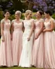 Elegante Roze Bruidsmeisjes Jurken Lange Chiffon Toga Tan Country Style Beach Maid of Honor Party Jurken Bruiloft Formele Kleding