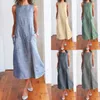 30h Dress Woman Casual Striped Print Long Sleeveless es O Neck Linen Pocket Summer for women 220521