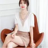 Women's Blouses & Shirts Ladies Fashion White Chiffon Hollow Out V-neck Short Sleeve Patchwork Bottom Shirt Basic Woman Tops Loose Retro Ver