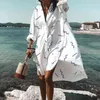 Femmes mode à manches longues imprimé fleuri irrégulière grand ourlet chemise mi-longue en mousseline de soie plage robe d'été L220705