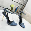 Heeled sandals womens shoe Fashion Gold padlock Denim Luxury Designer Dress shoes Genuine Leather Narrow Band cool stiletto heel quality women sandal With Box