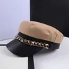Berets Black/Beige/Khaki Military Hats Shiny Golden Chain Pu Leather Edging Women Fashion Spring Summer Flat Top Chapeau Boys CapsBerets