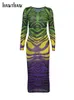 Hawthaw Kadınlar Sonbahar Uzun Kollu Baskalı Mesh Bodycon Elbise Sonbahar Kadın Giyim Sokak Giyim Toptan Ürünler 220713