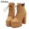 Eilyken Fashion Spring Autumn Platform Ankle Boots Women Lace Up Thick Heel Riding Equestrian Boots Ladies Worker Boots Black 201103