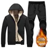 Winter Men Casual Sets Solid Color Zipper Mens Sportswear Hooded Tracksuit JacketPants Warm Thick Velvet Sports Suit 201210