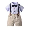 Set di prestazioni per ragazzi bambini Fiocchi cravatta a righe risvolto camicia a maniche corte pantaloncini bretelle 2 pezzi abiti casual per bambini estivi