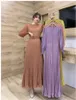 Autumn new Women's long sleeve casual dress o-neck pleated high waist with belt sashes maxi long vestidos solid color