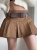 Heyoungirl Casual Brown veckade minikjol damer hög midja korta kjolar kvinnor med bälte koreansk mode 90 -tal Summer Street 220701