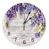 壁時計紫色のライラック花木製板時計モダンデザインハンギングホームデコアリビングルームラウンドPVC時計壁壁