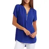 5xl plus stora kvinnors blusar 2020 Summer Zipper Solid Blue Harajuku Shirt Ladies V Neck Loose Tunic Blouse Top L220705