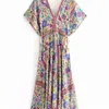 Vintage Chic mujeres Pavo Real estampado Floral manga murciélago playa bohemio Maxi vestidos bata señoras cuello en V borla verano vestido bohemio 220418