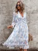 Sexy V Neck Floral Dress Ladies Sleeve High Waist Casual Print es For Women Summer Chiffon 220601