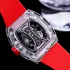 2022 Boîtier transparent Pablo Mac Donough Miyota Montre automatique pour homme Cadran squelette rouge Bracelet en caoutchouc bleu Super Edition Puretime01 5301C3