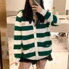 spring green and white stripe embroidered letters college style long sleeved knitted cardigan women's coat
