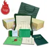 럭셔리 케이스 디자이너 최고의 품질 상자 짙은 녹색 시계 박스 선물 롤렉스 시계를위한 우디 케이스 소책자 카드 태그 및 종이 스위스 워치 박스