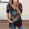 Autumn Angel Wing Print Short Sleeve Tops Vintage V Neck Zipper Pullover Shirt Casual Loose Women's T-Shirt 220525