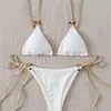 Sexy Bikini Set Cute White Plain Ring Linked Spaghetti Strap Triangle Thong Biquini Swimsuit Swimwear Women Bathing Suit B0 220527