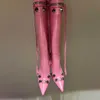 Pink Cagole مرصع بوكيل كعب جلدي من الجلد أحذية الركبة الجانبية الأحذية المدببة من أصابع قدمي الكعب طويل القامة الحذاء المصممين الفاخرة For88