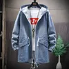 Denim Trench Coat Long Plus Taille Coupe-vent à capuche Hommes Automne Hiver Lâche Veste Casual Mode Manteaux Hommes Manteaux KK60FY 201128