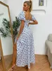 Ditsy Floral Print Puff Sleeve Tie Front High Split Dress Women Ruched Drawstring Party Long Dress Vestidos Sundress 220513