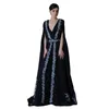 Élégant arabe Dubaï femmes robes de soirée avec ceinture 2022 argent appliqué longue cape caftan robes de soirée formelles col en v une ligne satin occasion spéciale robe de bal
