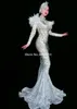 Stage Wear Shining Silver Silver Rhinestones Feather Long Dress Women Elegant Evening Costume Prom Vier Big Tail Jurken Party OutfitStage