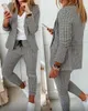 Frauen Zwei Stück Hosen 2022 Herbst Casual Plaid Print Langarm Blazer Mantel Kordelzug Set Stücke Anzüge Frauen Elegante damen Tops