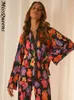 Conjunto plissado feminino Floral elegante casual de manga longa com calças de cintura alta fêmea camisa solta de duas peças calça 220704