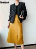 Nerazzurri Midi Skirts 아래 무릎 옐로우 블랙 부드러운 가죽 스커트 여성 지퍼 긴 직선 높은 허리 220322