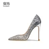 Famous brand 2022 New Real Leather Women's High Fashion Pumps Shallow Pointed Toe Thin Heel Glitter Evening Dress Shoes 10cm Designer Classic luxury