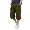 Длинные длины грузовые шорты мужчины летнее колено много карманные повседневные хлопковые эластичные талии бермудов мужской военный стиль бриджей 220318