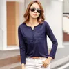 TuangBiang Spring Female Slub Cotton V-neck Long Sleeve T-Shirt Women Gem Buttons Navy Blue Tops Fashion Stitching T Shirt 220402