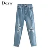 Lady Retro Hole Ripped Blue Jeans full längd Fashion Chic Pencil Pants Female Baggy Mom for Women Pantalon Femme 210515