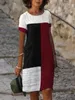 Casual jurken Zomertrend mode ronde nek plaid print contrasterende kleuren patchwork korte mouw fundamentele midi jurk ropa de mujercasual