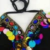 Regnbåge Sequin Tassel Mermaid Mirror Festival Body Harness Bra Bralette Crop Top Beading Coins Lace-up Chiffon Boho Cami Top G220414