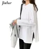 Jielur Autunno Bianco Nero Top Coreano Appliques Split T-shirt in cotone Donna Manica lunga Casual Allentato Camicia di base S-XL 220328