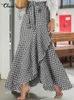 Maxi Skirts 여성 여름 Celmia Fashion High High Waist Wrap Long Skirt 비대칭 빈티지 격자 무늬 인어 인어 바닥 femme 220526
