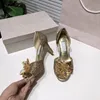 Sapatos de salto alto da sand￡lia Moda-Sand￡lias novas de saltos altos saltos altos sapatos de casamento da noiva Moda Temperamento Sapatos femininos Boca de peixe retro ouro