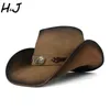 Basker män 100% läder västerländsk cowboy hatt för gentleman pappa sombrero hombre jazz mössor storlek 58-59cm med tjurbandberets wend22