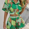 Glamaker Spring green Leaf print shorts suits High street holiday crop blouse top and A-line short sets Beach sexy sets 220421